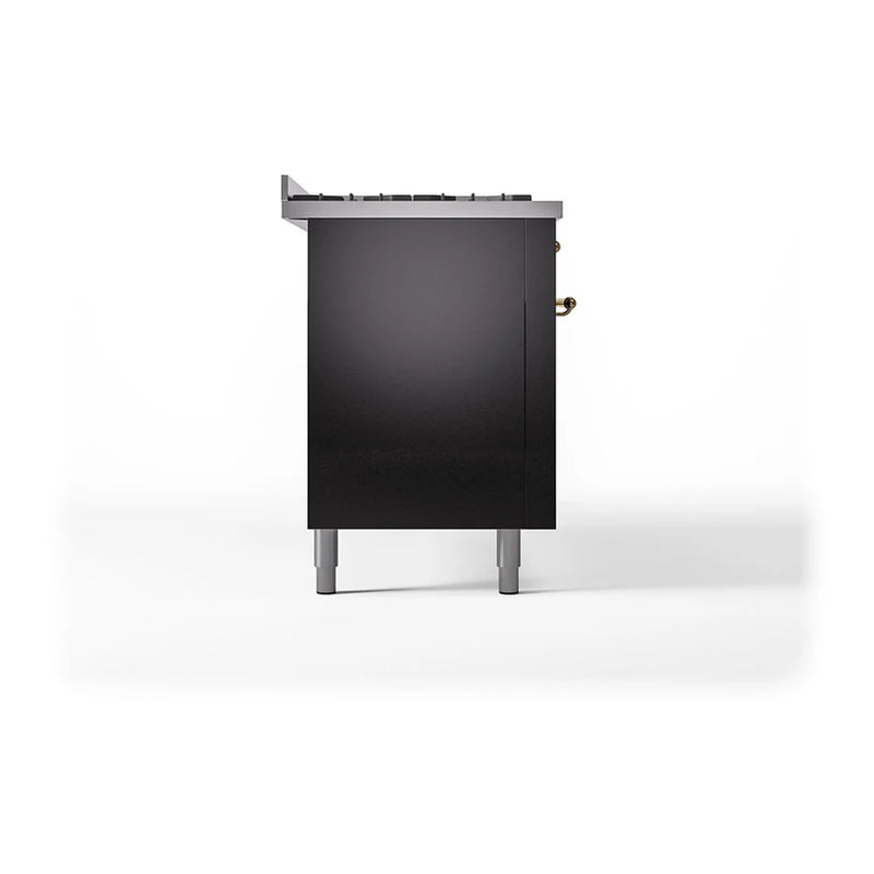 ILVE Nostalgie II 60" Dual Fuel Freestanding Range in Glossy Black with Brass Trim, UP60FQNMPBKG
