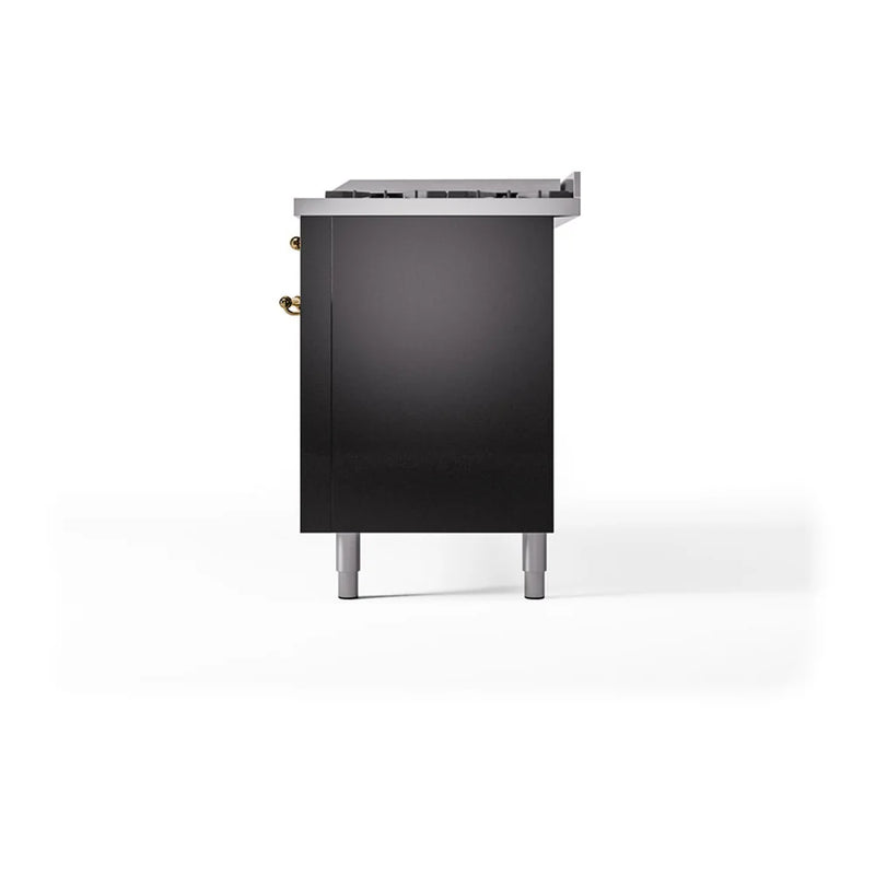 ILVE Nostalgie II 60" Dual Fuel Freestanding Range in Glossy Black with Brass Trim, UP60FQNMPBKG