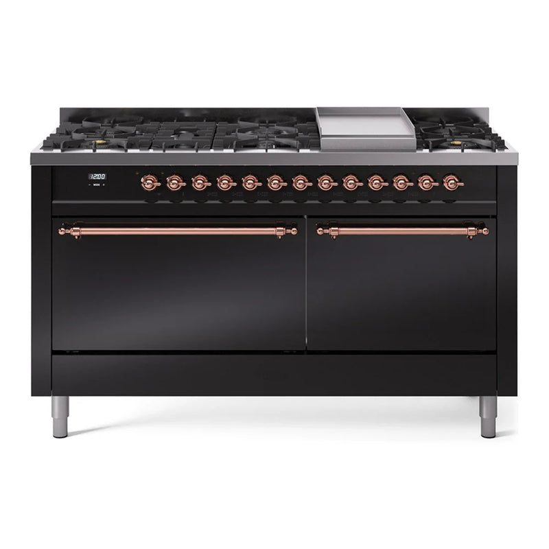ILVE Nostalgie II 60" Dual Fuel Freestanding Range in Glossy Black with Copper Trim, UP60FQNMPBKPLP