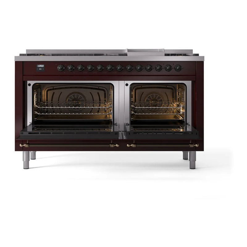 ILVE Nostalgie II 60" Dual Fuel Freestanding Range in Burgundy with Burnished Trim, UP60FQNMPBUB