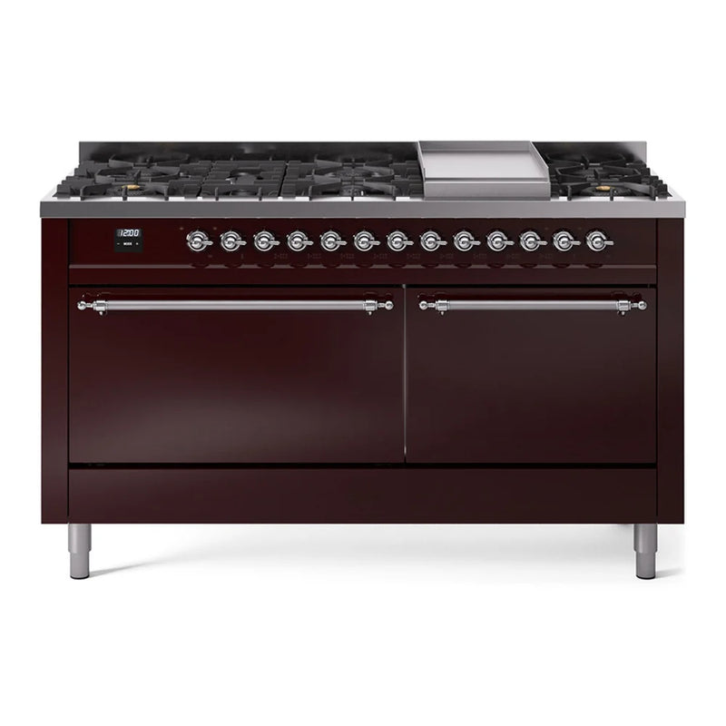 ILVE Nostalgie II 60" Dual Fuel Freestanding Range in Burgundy with Chrome Trim, UP60FQNMPBUCLP