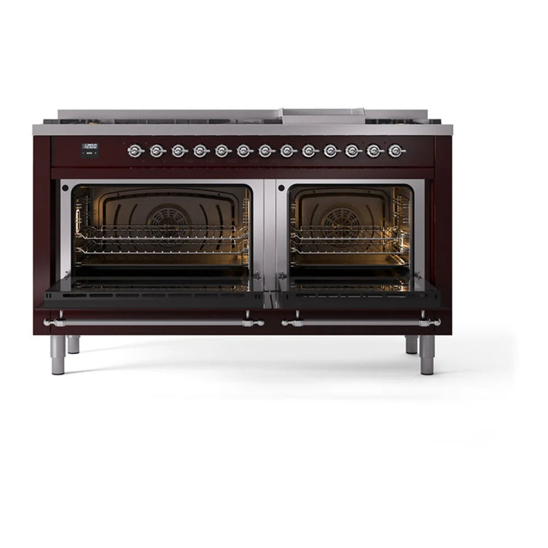 ILVE Nostalgie II 60" Dual Fuel Freestanding Range in Burgundy with Chrome Trim, UP60FQNMPBUC
