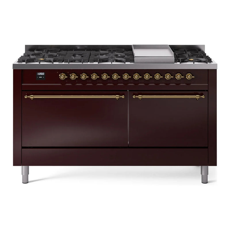 ILVE Nostalgie II 60" Dual Fuel Freestanding Range in Burgundy with Brass Trim, UP60FQNMPBUGLP
