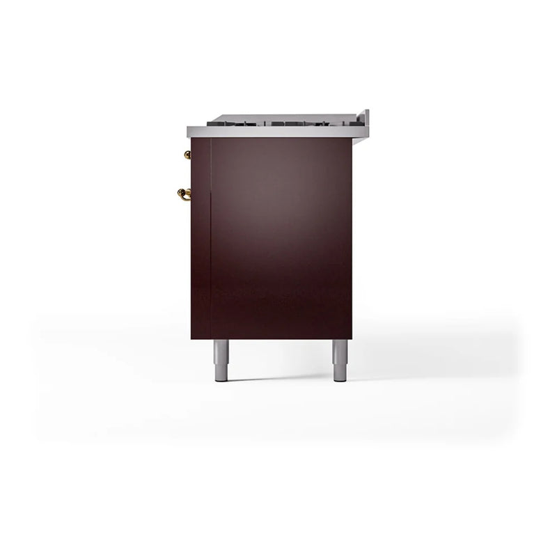 ILVE Nostalgie II 60" Dual Fuel Freestanding Range in Burgundy with Brass Trim, UP60FQNMPBUGLP