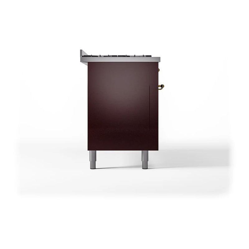 ILVE Nostalgie II 60" Dual Fuel Freestanding Range in Burgundy with Brass Trim, UP60FQNMPBUG