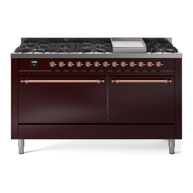 ILVE Nostalgie II 60" Dual Fuel Freestanding Range in Burgundy with Copper Trim, UP60FQNMPBUPLP