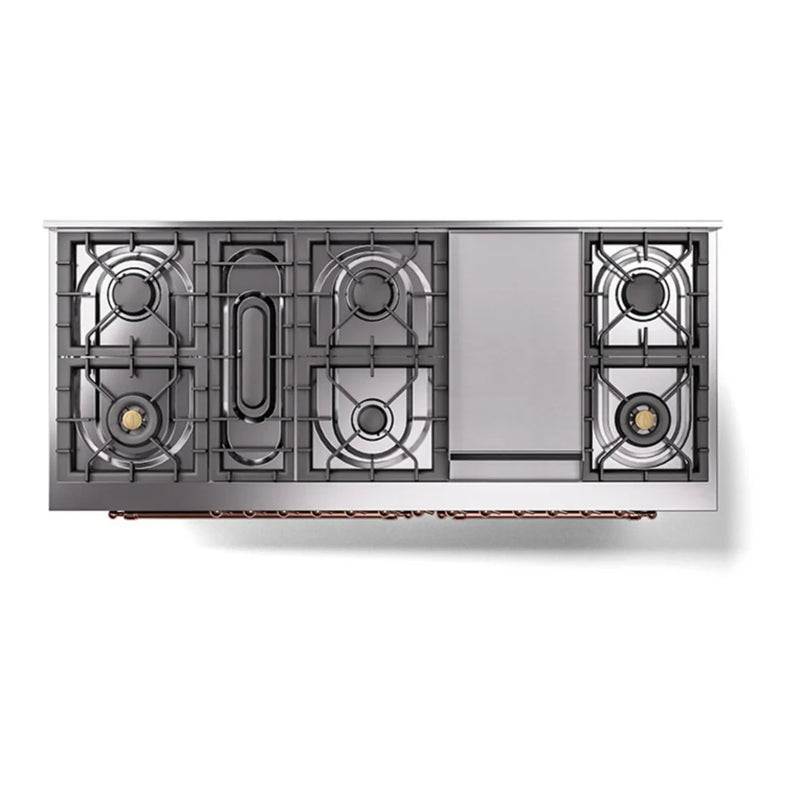 ILVE Nostalgie II 60" Dual Fuel Freestanding Range in Burgundy with Copper Trim, UP60FQNMPBUP