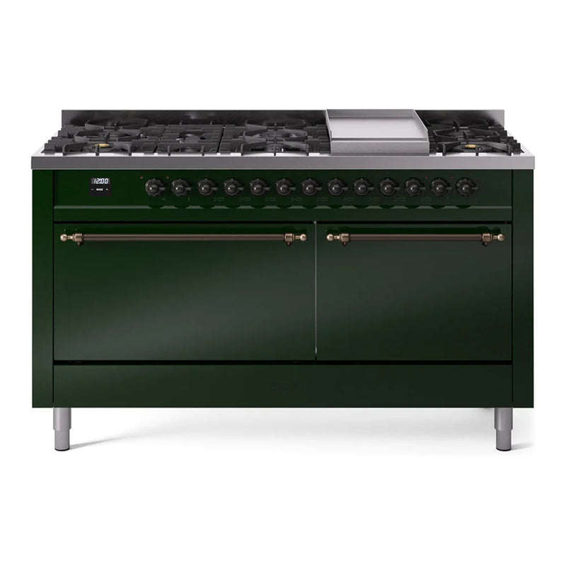 ILVE Nostalgie II 60" Dual Fuel Freestanding Range in Emerald Green with Burnished Trim, UP60FQNMPEGBLP