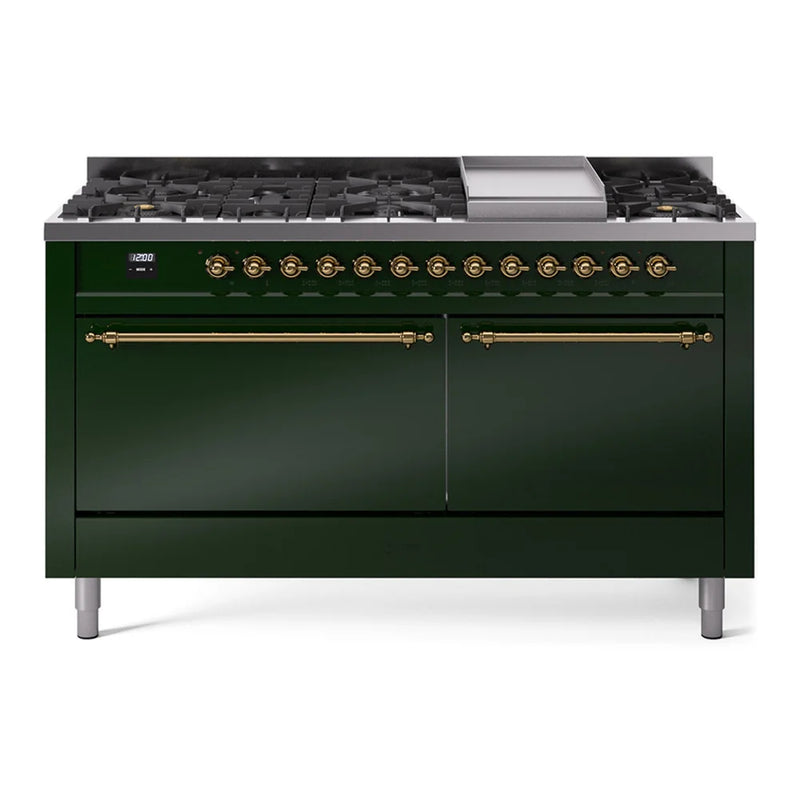 ILVE Nostalgie II 60" Dual Fuel Freestanding Range in Emerald Green with Brass Trim, UP60FQNMPEGGLP