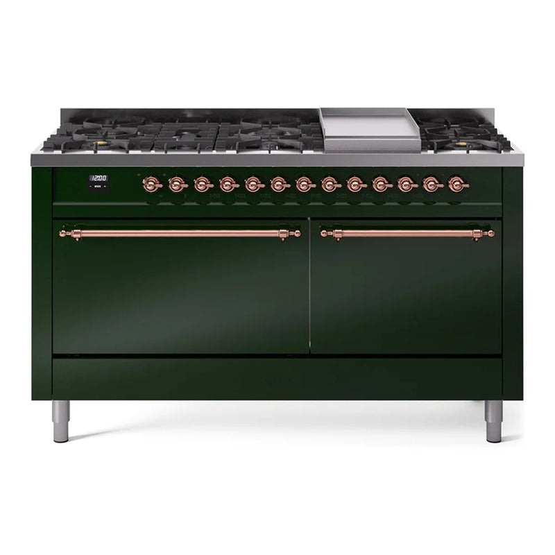 ILVE Nostalgie II 60" Dual Fuel Freestanding Range in Emerald Green with Copper Trim, UP60FQNMPEGPLP