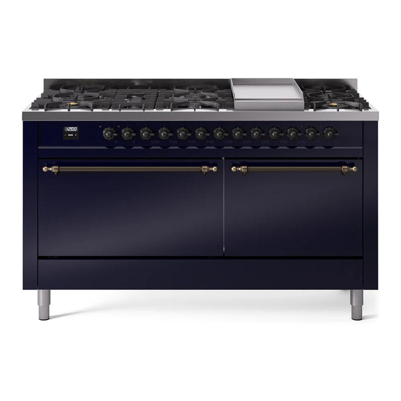 ILVE Nostalgie II 60" Dual Fuel Freestanding Range in Midnight Blue with Burnished Trim, UP60FQNMPMBBLP