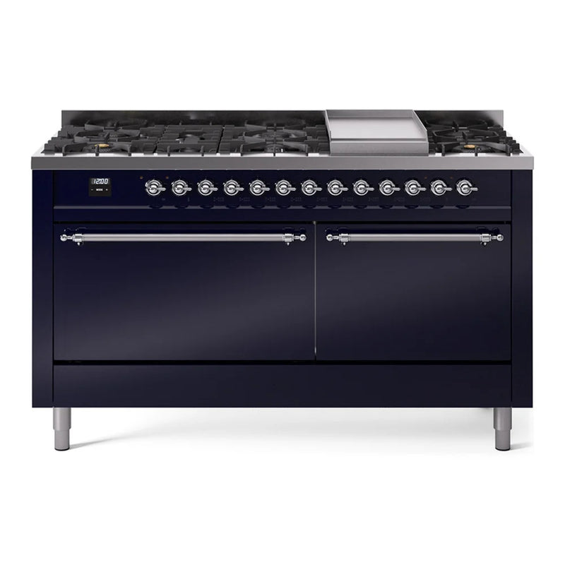 ILVE Nostalgie II 60" Dual Fuel Freestanding Range in Midnight Blue with Chrome Trim, UP60FQNMPMBCLP