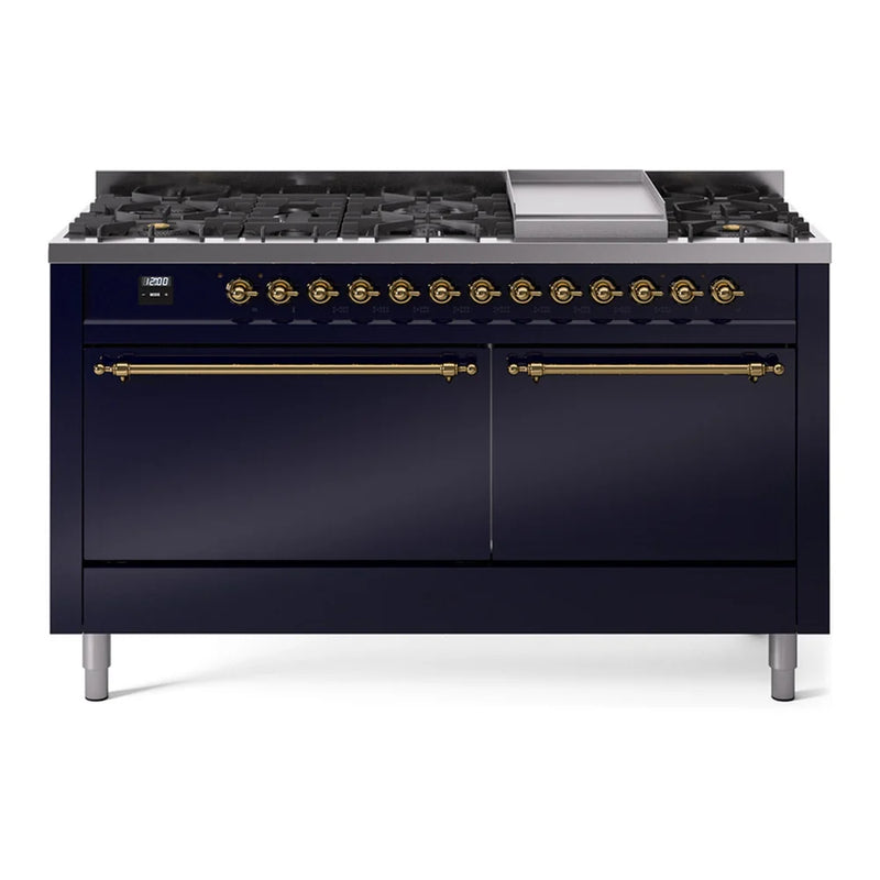 ILVE Nostalgie II 60" Dual Fuel Freestanding Range in Midnight Blue with Brass Trim, UP60FQNMPMBG