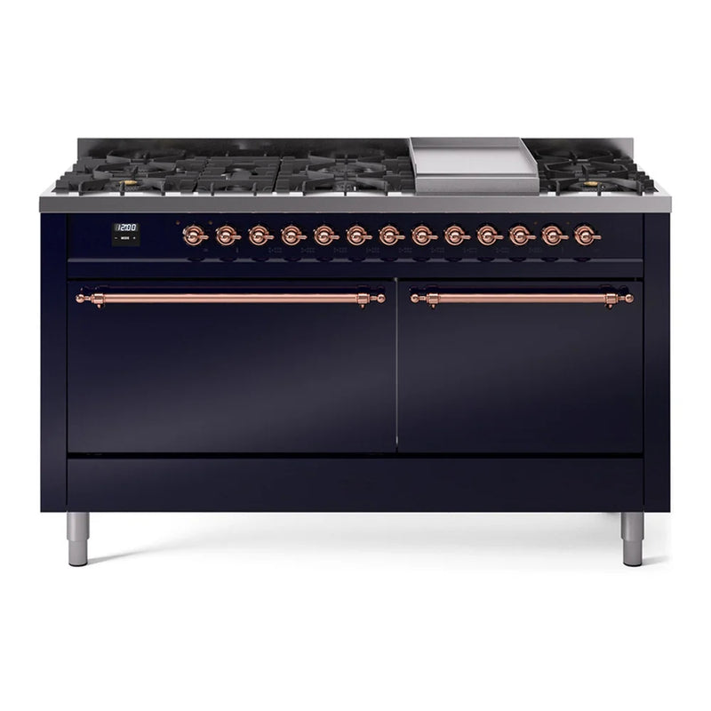 ILVE Nostalgie II 60" Dual Fuel Freestanding Range in Midnight Blue with Copper Trim, UP60FQNMPMBP