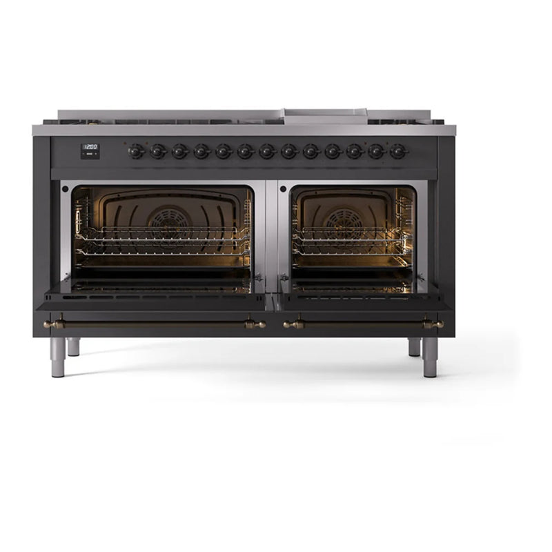ILVE Nostalgie II 60" Dual Fuel Freestanding Range in Graphite Matte with Burnished Trim, UP60FQNMPMGBLP