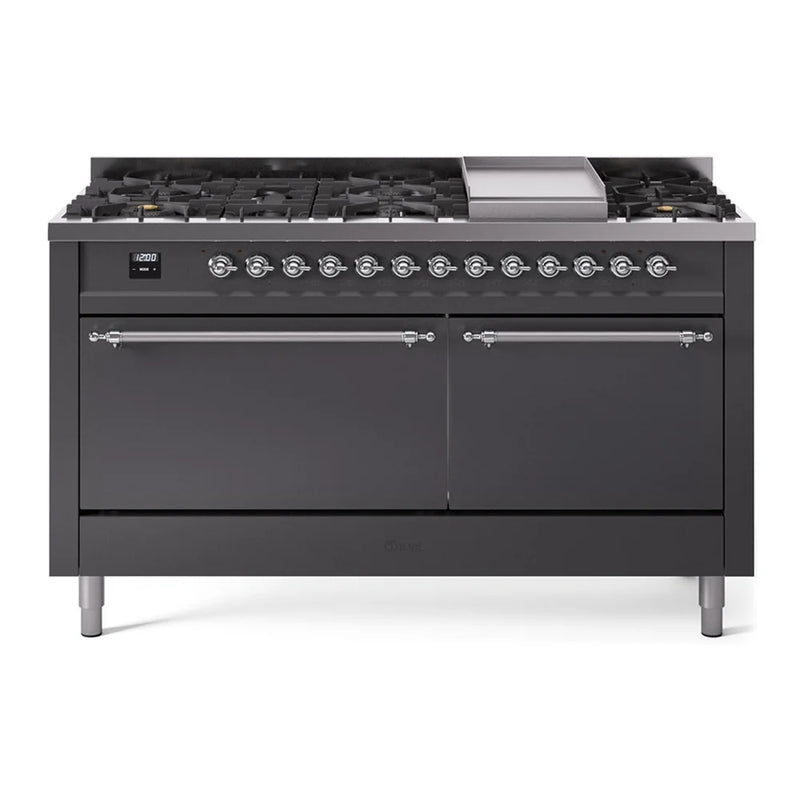 ILVE Nostalgie II 60" Dual Fuel Freestanding Range in Graphite Matte with Chrome Trim, UP60FQNMPMGCLP