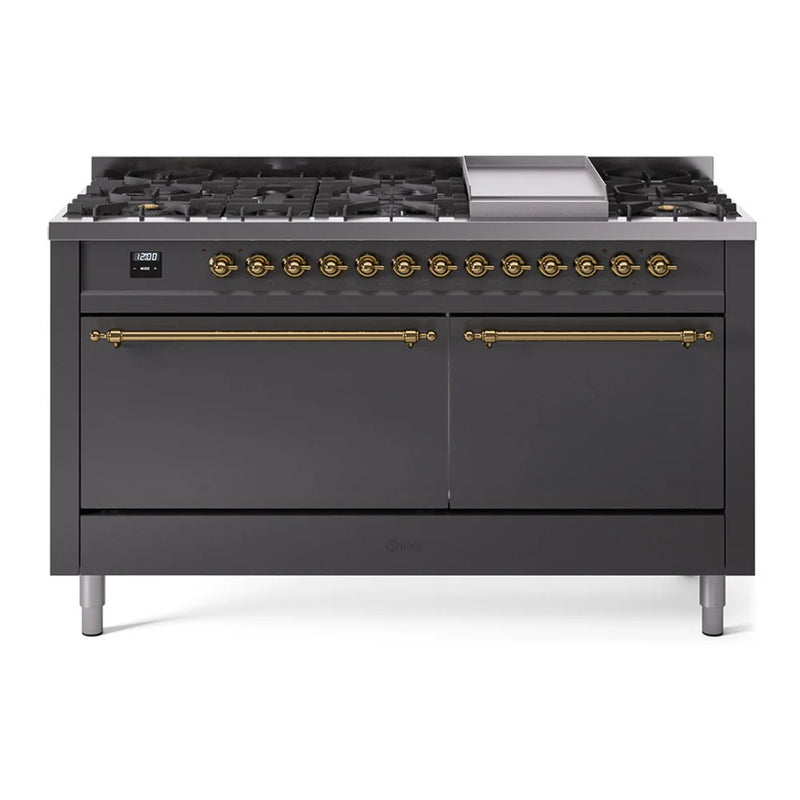 ILVE Nostalgie II 60" Dual Fuel Freestanding Range in Graphite Matte with Brass Trim, UP60FQNMPMGG