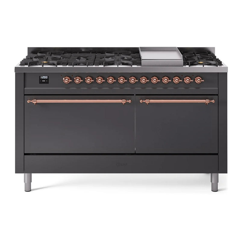 ILVE Nostalgie II 60" Dual Fuel Freestanding Range in Graphite Matte with Copper Trim, UP60FQNMPMGP