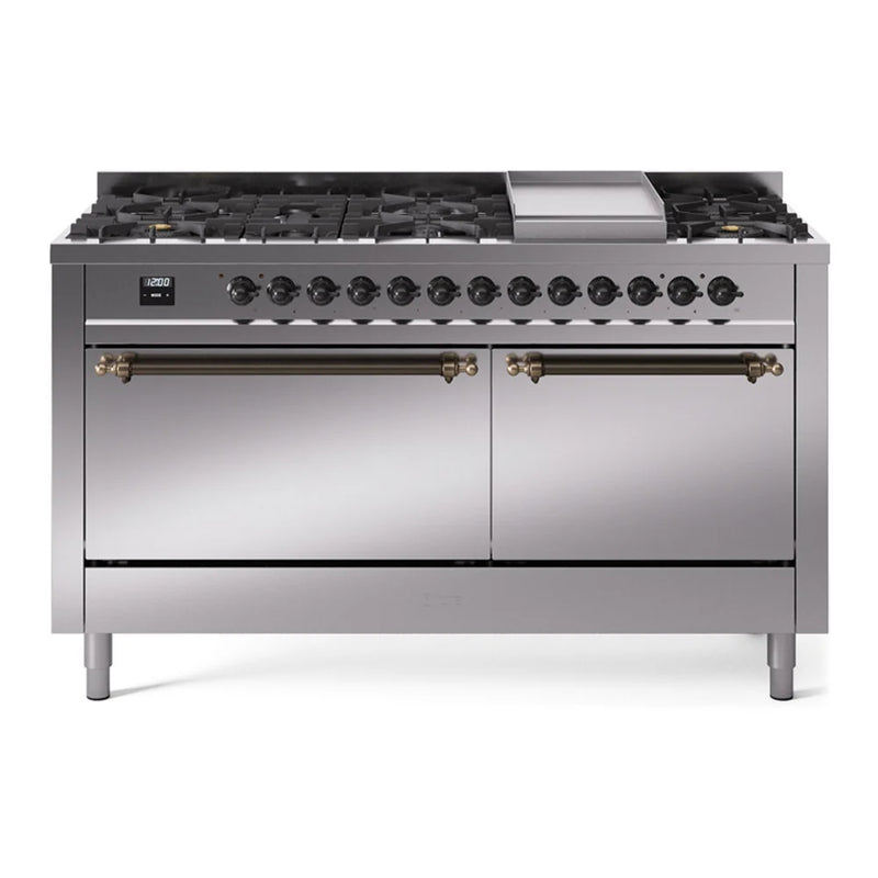 ILVE Nostalgie II 60" Dual Fuel Freestanding Range in Stainless Steel with Burnished Trim, UP60FQNMPSSBLP