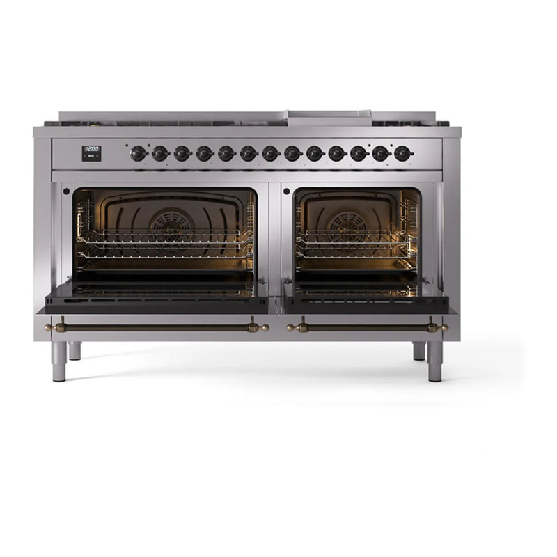 ILVE Nostalgie II 60" Dual Fuel Freestanding Range in Stainless Steel with Burnished Trim, UP60FQNMPSSB