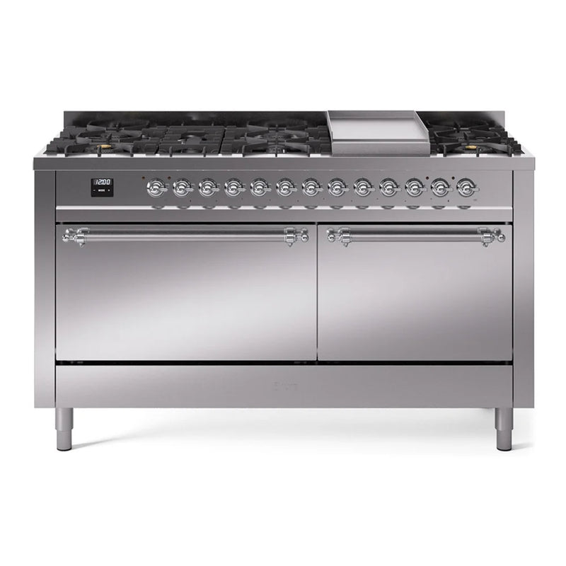 ILVE Nostalgie II 60" Dual Fuel Freestanding Range in Stainless Steel with Chrome Trim, UP60FQNMPSSC