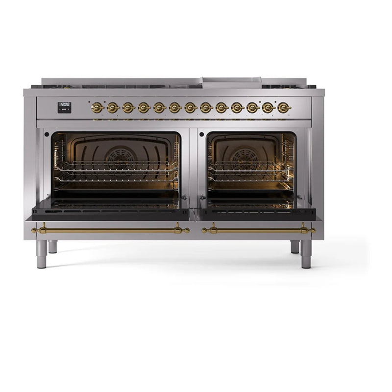 ILVE Nostalgie II 60" Dual Fuel Freestanding Range in Stainless Steel with Brass Trim, UP60FQNMPSSGLP