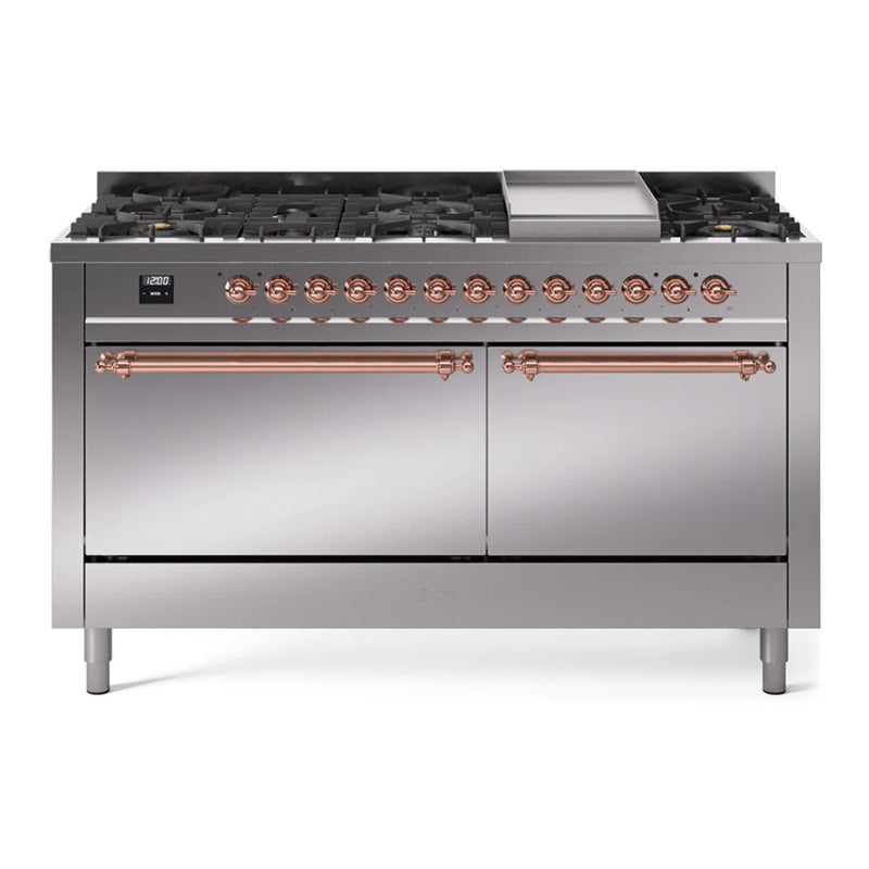 ILVE Nostalgie II 60" Dual Fuel Freestanding Range in Stainless Steel with Copper Trim, UP60FQNMPSSPLP