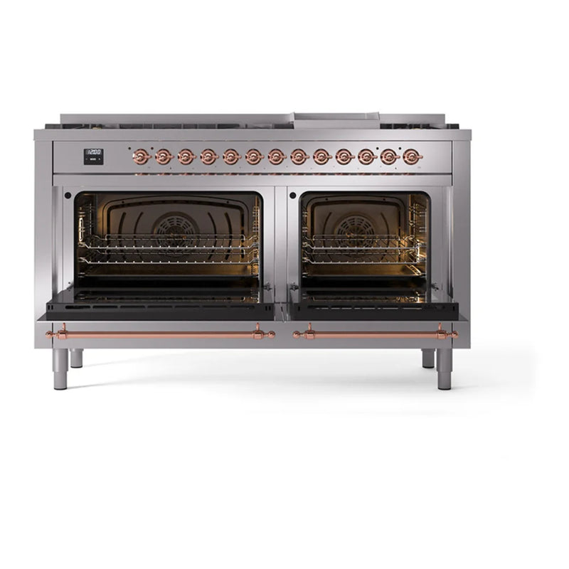 ILVE Nostalgie II 60" Dual Fuel Freestanding Range in Stainless Steel with Copper Trim, UP60FQNMPSSPLP