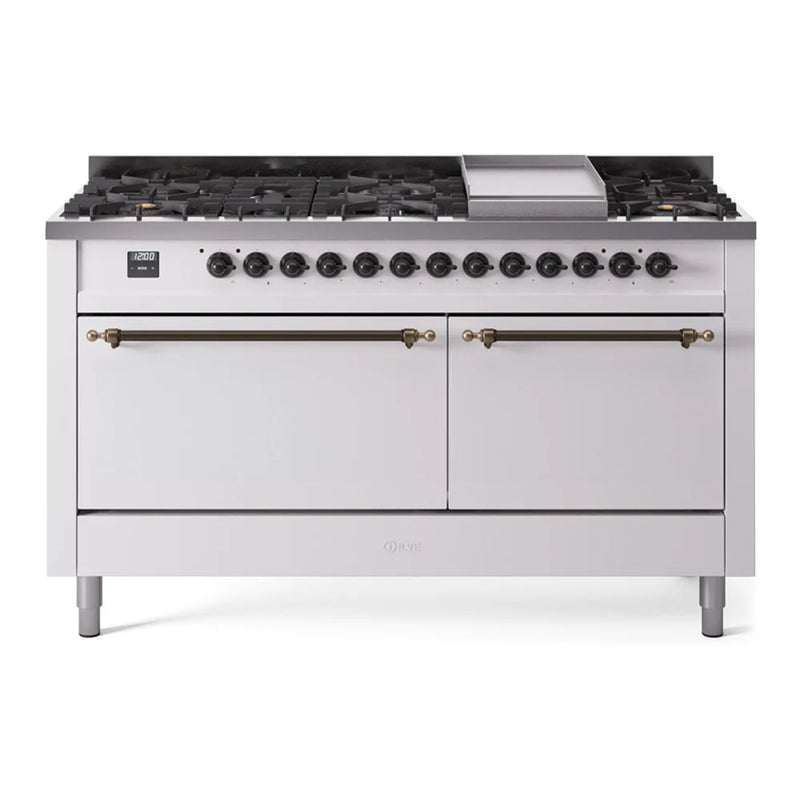 ILVE Nostalgie II 60" Dual Fuel Freestanding Range in White with Burnished Trim, UP60FQNMPWHB