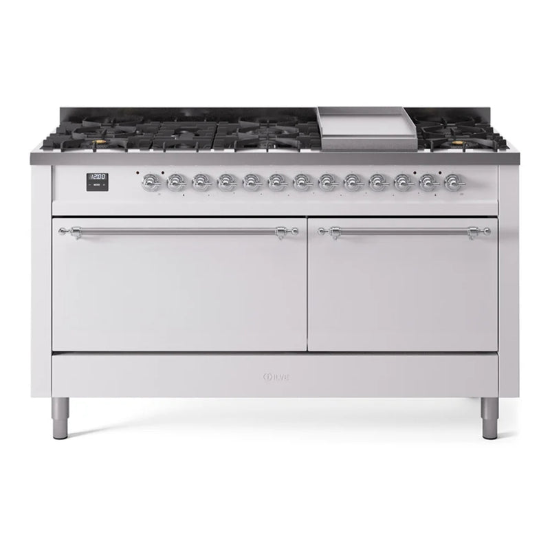 ILVE Nostalgie II 60" Dual Fuel Freestanding Range in White with Chrome Trim, UP60FQNMPWHC