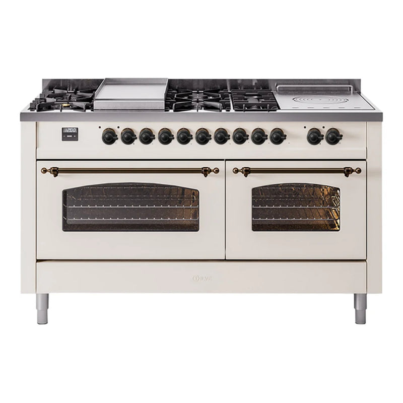 ILVE Nostalgie II 60" Dual Fuel Freestanding Range in Antique White with Burnished Trim, UP60FSNMPAWBLP
