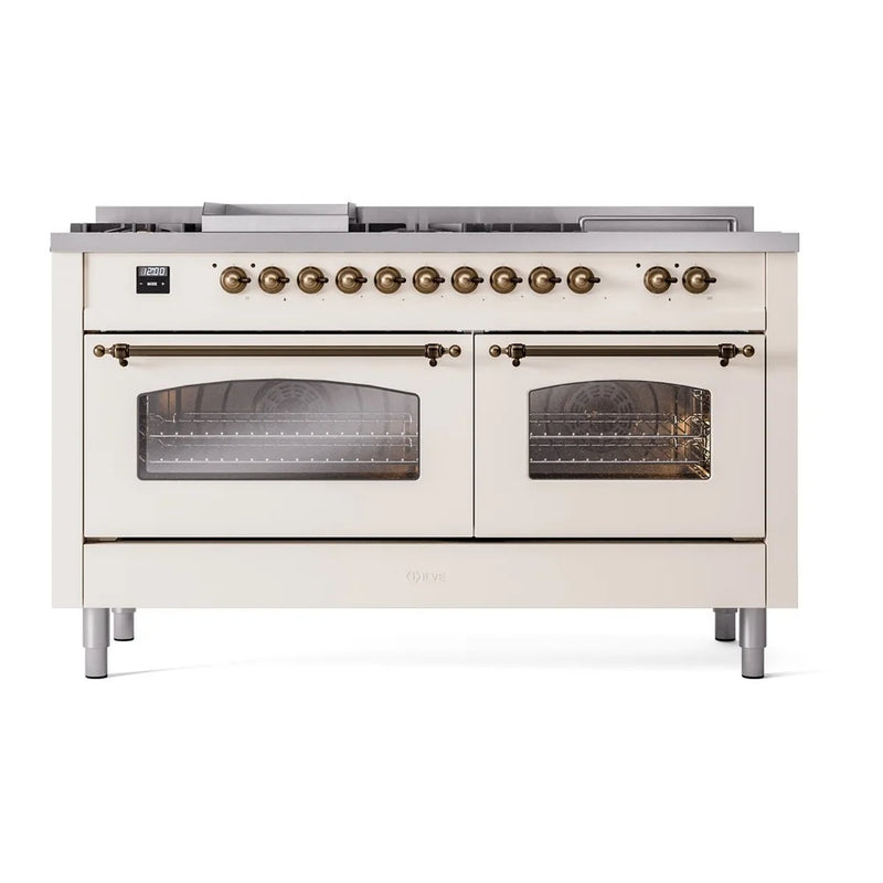 ILVE Nostalgie II 60" Dual Fuel Freestanding Range in Antique White with Burnished Trim, UP60FSNMPAWBLP