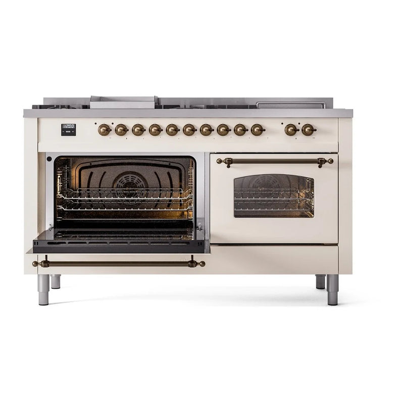 ILVE Nostalgie II 60" Dual Fuel Freestanding Range in Antique White with Burnished Trim, UP60FSNMPAWBLP
