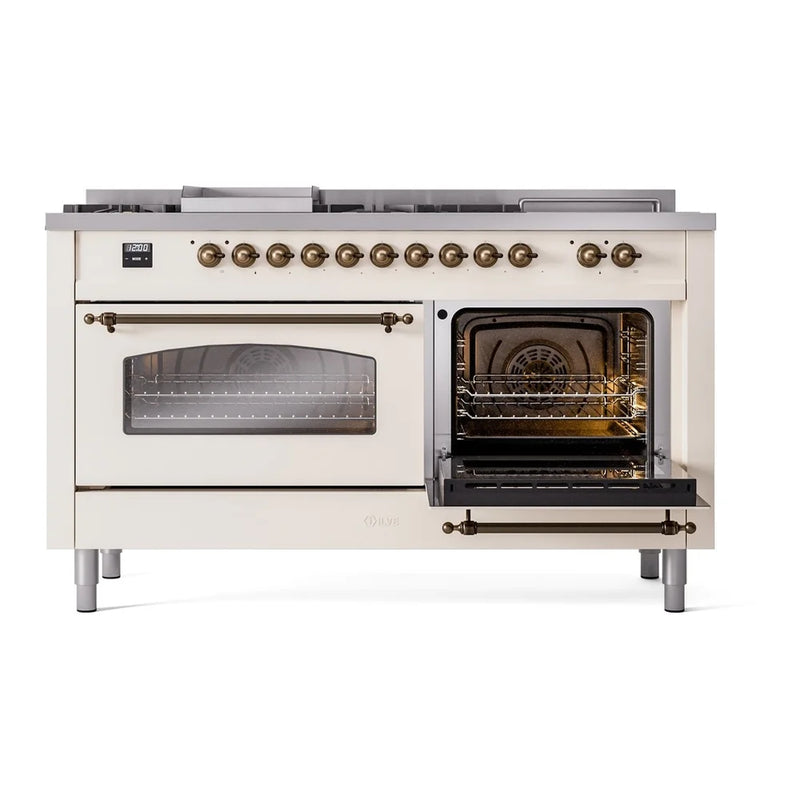 ILVE Nostalgie II 60" Dual Fuel Freestanding Range in Antique White with Burnished Trim, UP60FSNMPAWBLP