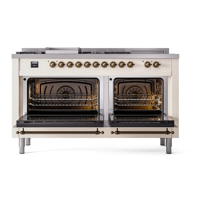 ILVE Nostalgie II 60" Dual Fuel Freestanding Range in Antique White with Burnished Trim, UP60FSNMPAWB