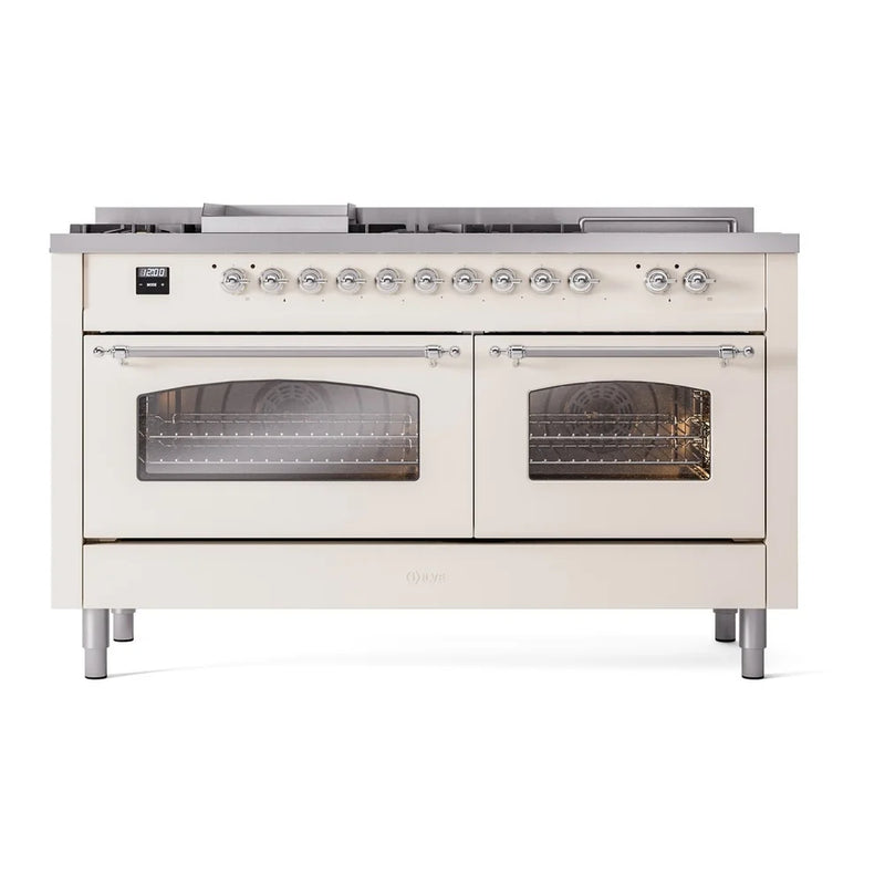 ILVE Nostalgie II 60" Dual Fuel Freestanding Range in Antique White with Chrome Trim, UP60FSNMPAWCLP