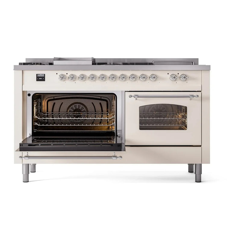 ILVE Nostalgie II 60" Dual Fuel Freestanding Range in Antique White with Chrome Trim, UP60FSNMPAWCLP
