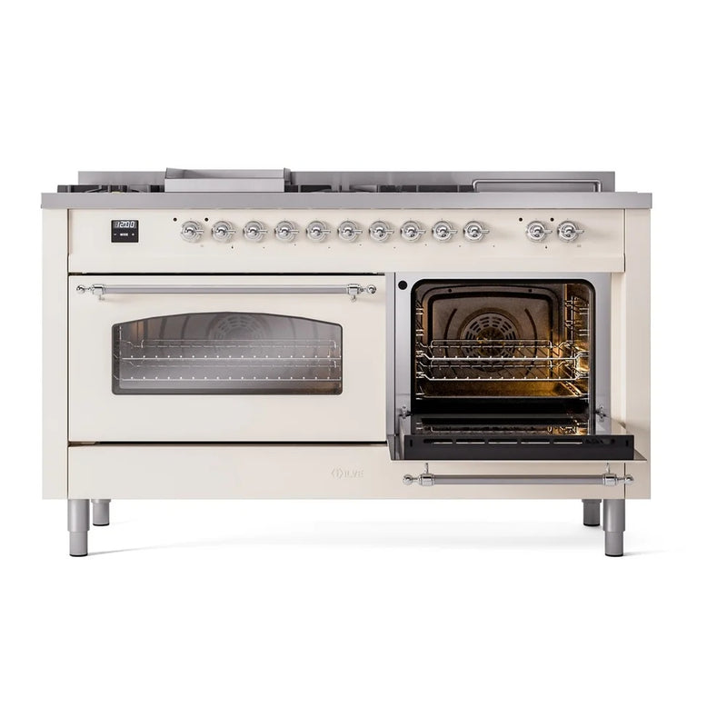 ILVE Nostalgie II 60" Dual Fuel Freestanding Range in Antique White with Chrome Trim, UP60FSNMPAWCLP
