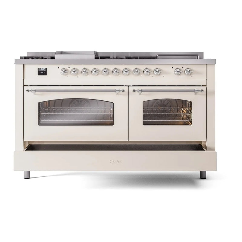 ILVE Nostalgie II 60" Dual Fuel Freestanding Range in Antique White with Chrome Trim, UP60FSNMPAWCLP