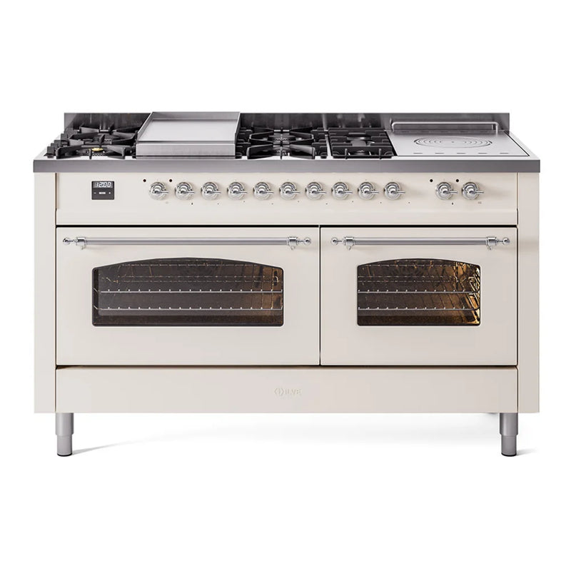 ILVE Nostalgie II 60" Dual Fuel Freestanding Range in Antique White with Chrome Trim, UP60FSNMPAWC