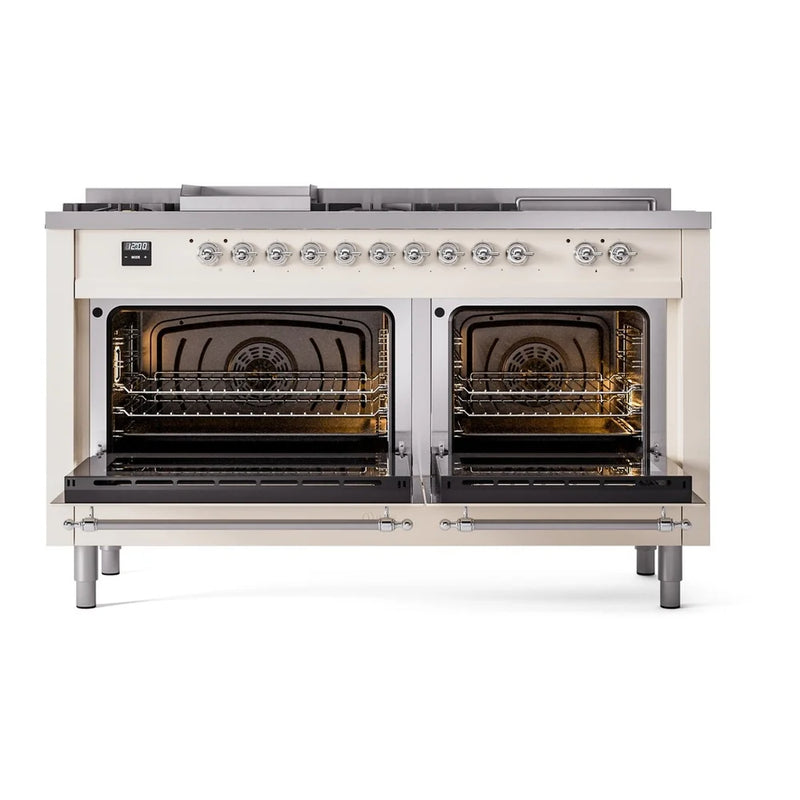 ILVE Nostalgie II 60" Dual Fuel Freestanding Range in Antique White with Chrome Trim, UP60FSNMPAWC