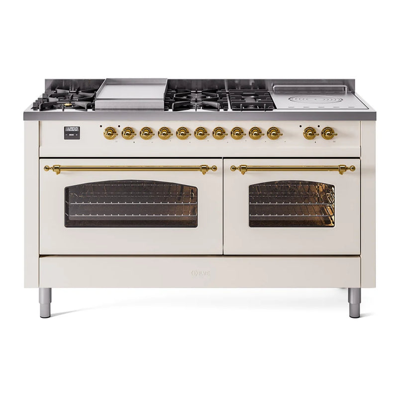 ILVE Nostalgie II 60" Dual Fuel Freestanding Range in Antique White with Brass Trim, UP60FSNMPAWGLP