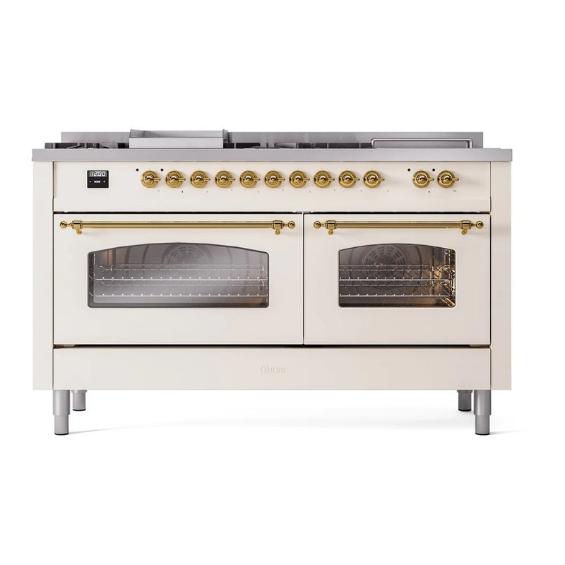 ILVE Nostalgie II 60" Dual Fuel Freestanding Range in Antique White with Brass Trim, UP60FSNMPAWGLP
