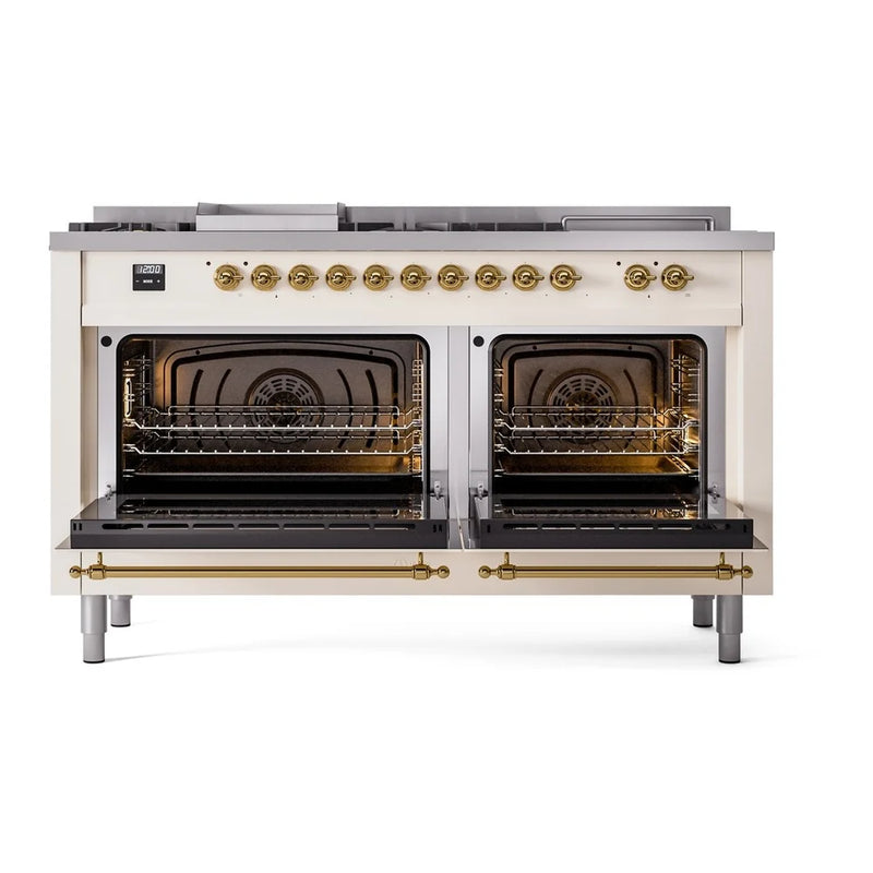 ILVE Nostalgie II 60" Dual Fuel Freestanding Range in Antique White with Brass Trim, UP60FSNMPAWGLP