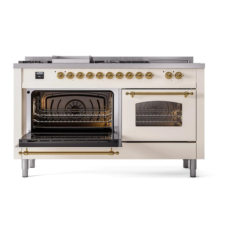 ILVE Nostalgie II 60" Dual Fuel Freestanding Range in Antique White with Brass Trim, UP60FSNMPAWGLP