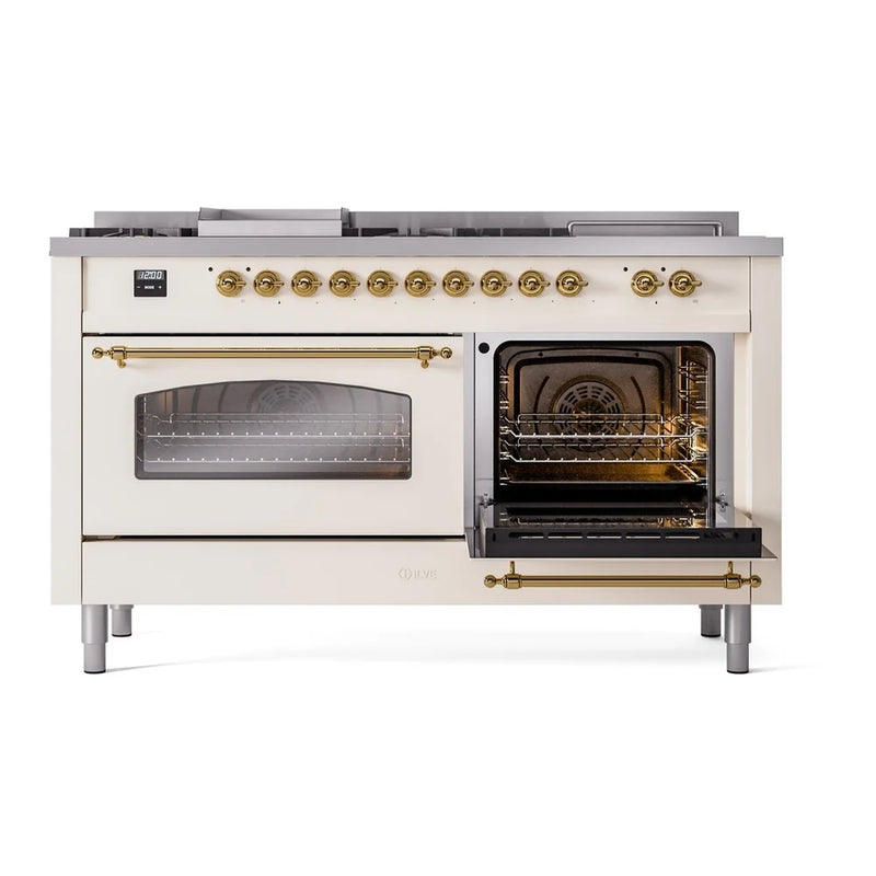 ILVE Nostalgie II 60" Dual Fuel Freestanding Range in Antique White with Brass Trim, UP60FSNMPAWGLP
