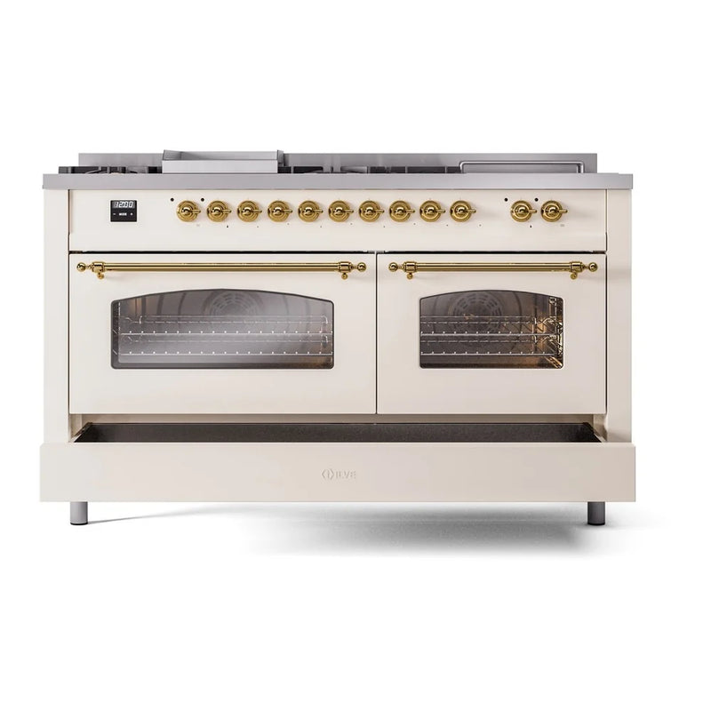ILVE Nostalgie II 60" Dual Fuel Freestanding Range in Antique White with Brass Trim, UP60FSNMPAWGLP