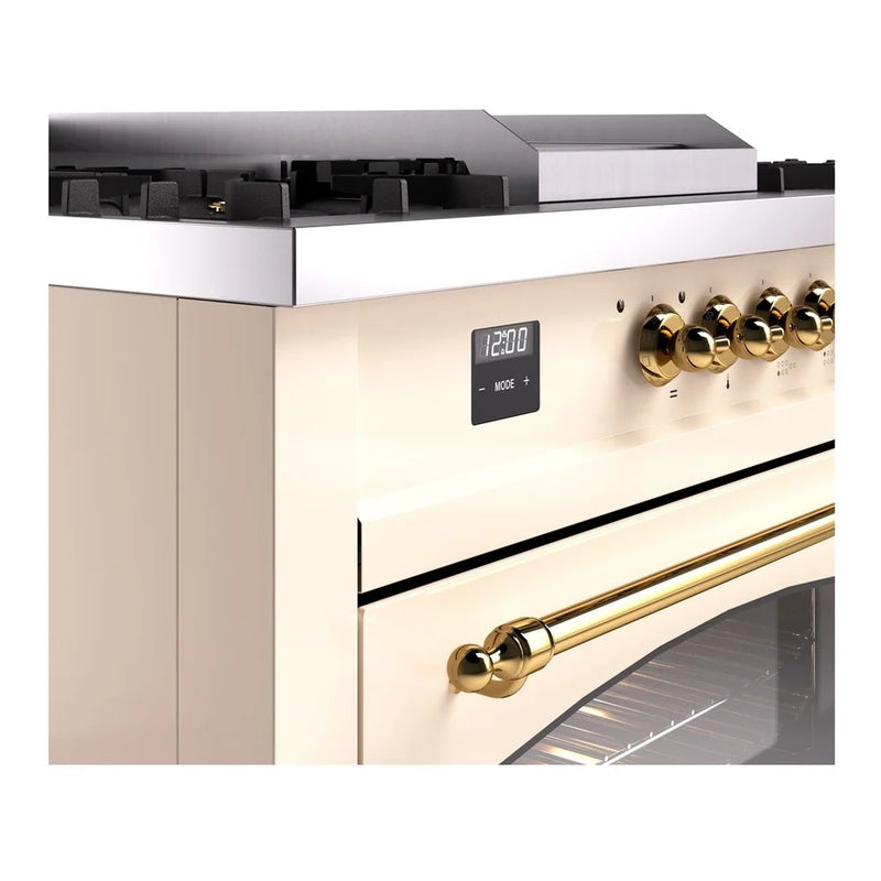 ILVE Nostalgie II 60" Dual Fuel Freestanding Range in Antique White with Brass Trim, UP60FSNMPAWGLP