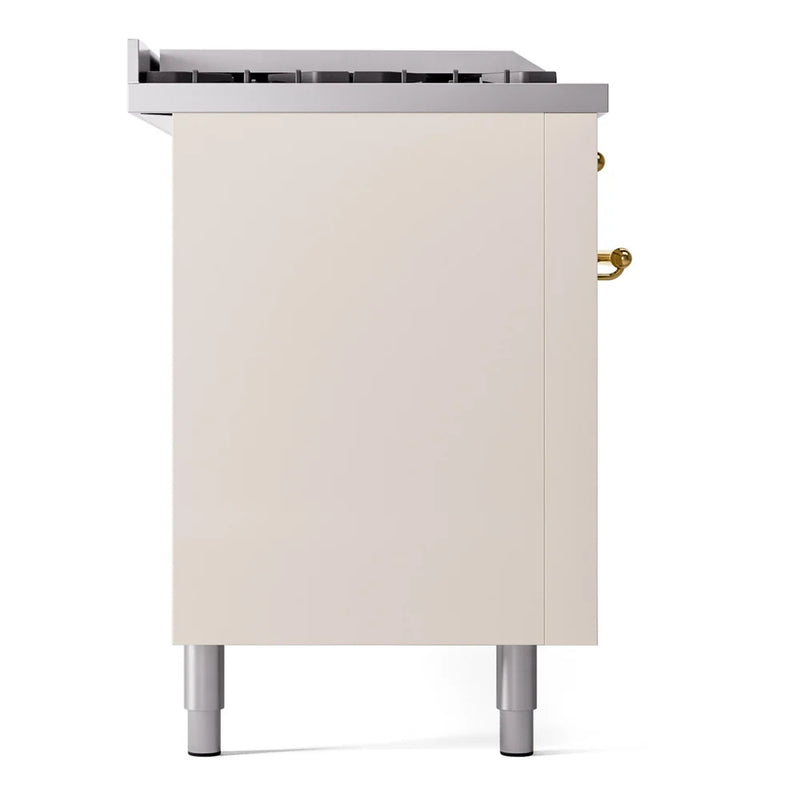 ILVE Nostalgie II 60" Dual Fuel Freestanding Range in Antique White with Brass Trim, UP60FSNMPAWGLP