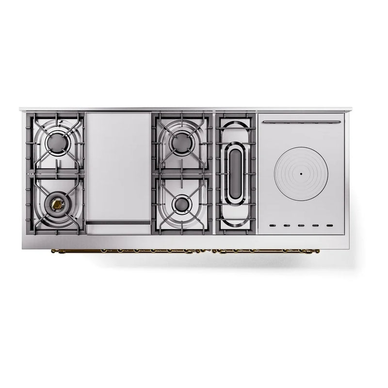 ILVE Nostalgie II 60" Dual Fuel Freestanding Range in Antique White with Brass Trim, UP60FSNMPAWG